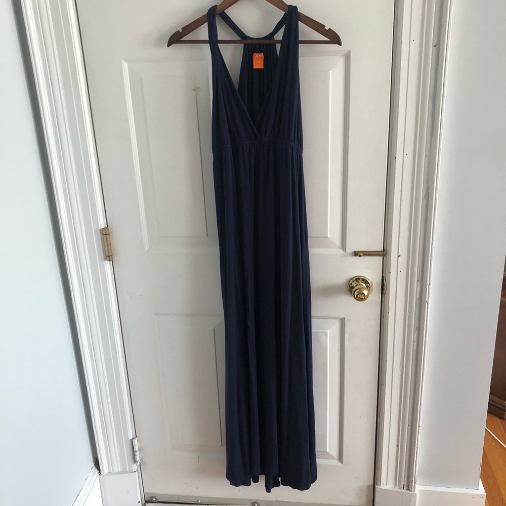 Navy blue v neck maxi dress with high back